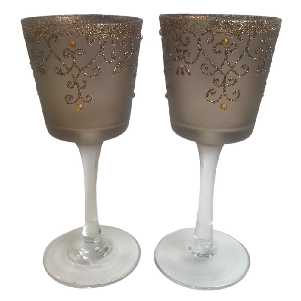 2 Tall Votive Tealight Candle Votives Frosted Bronze Glitter Holiday Table Decor